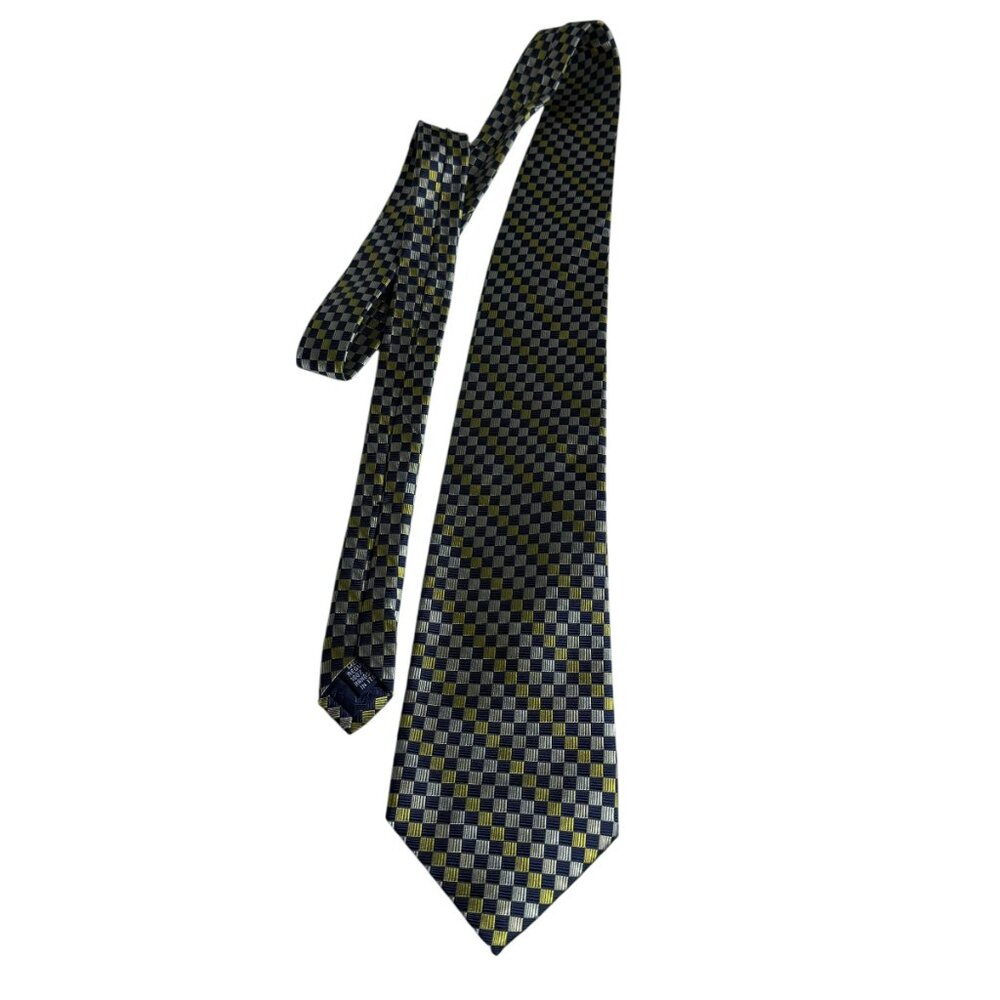 Land’s End 100% Silk Tie | Hand-Sewn in Italy | Blue & Gold Geometric | EUC